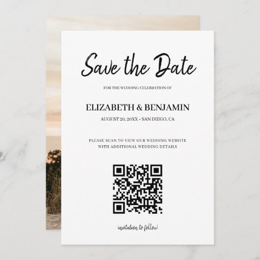 Elegante Calligraphy Script QR Code Foto Save The  Save The Date (Voorkant / Achterkant)