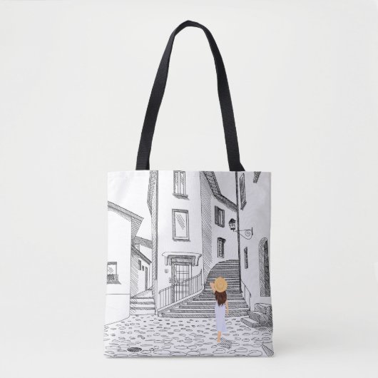 Elegante Canvas tas met handgetekende oude stad (Voorkant)