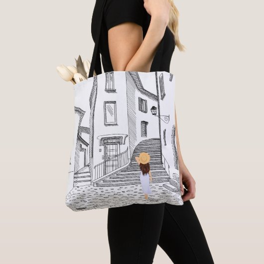 Elegante Canvas tas met handgetekende oude stad (Dichtbij)