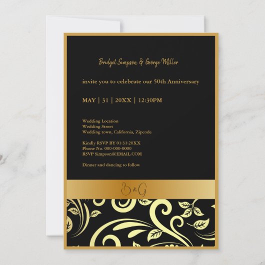 élégante carte 50e anniversaire de mariage en or n (Dos)