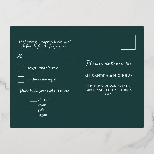 Élégante carte à huile Mariage Emerald Choice RSVP (Verso)
