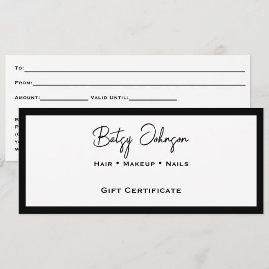 Élégante carte cadeau blanc et noir (Devant / Derrière)