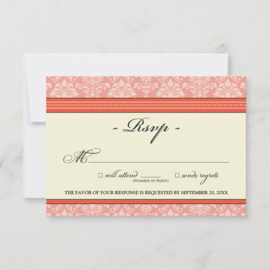 Elégante carte Damask RSVP (corail) (Devant)