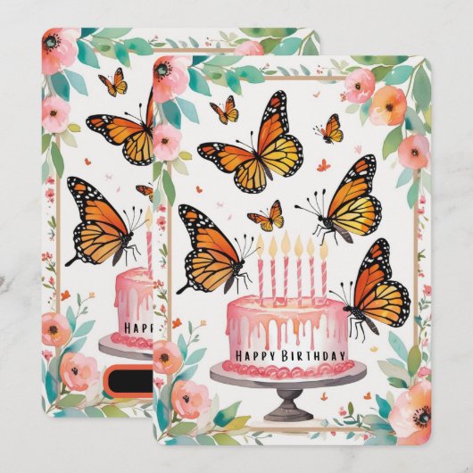 Elégante carte d'anniversaire Monarch & Cake (Devant / Derrière)