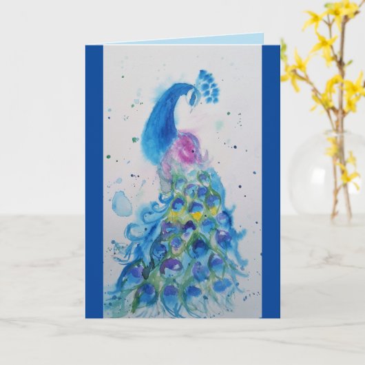 Elégante Carte d'Aquarelle Bleue Peacock (Fleur jaune)