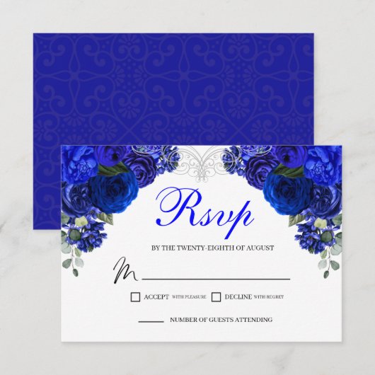Elégante carte de boîtier RSVP Royal Blue Floral (Devant / Derrière)