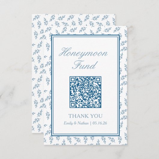 Elégante carte de code QR Mariage Blue Honeymoon F (Devant / Derrière)