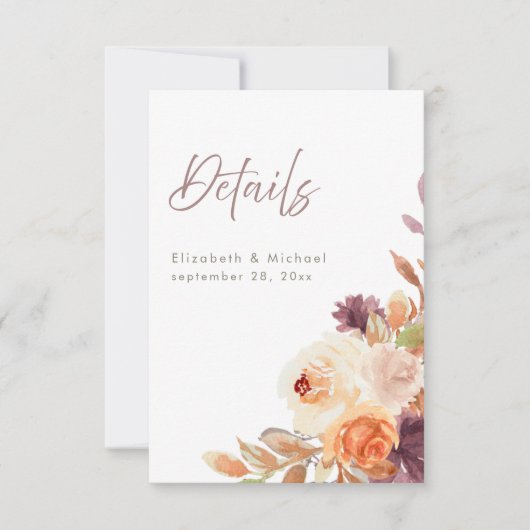 Elégante carte de détails de Mariage Floral Automn (Devant)
