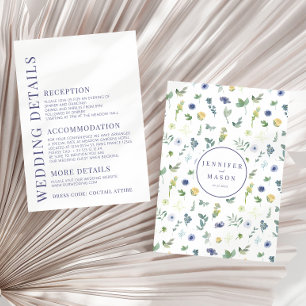 Elégante carte de détails mariage de fleurs bleues