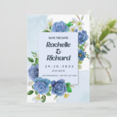 Elégante carte de faire-part de mariage bleu royal (Debout devant)