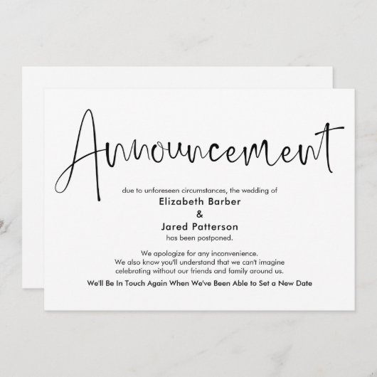 Élégante carte de Faire-part Mariage simple report (Devant / Derrière)