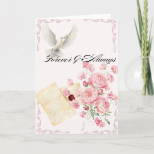 Élégante carte de mariage avec colombe, pivoines &