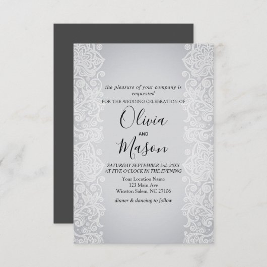 Élégante carte de Mariage noir gris dentelle or bl (Devant / Derrière)
