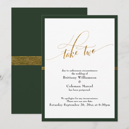Élégante carte de mariage reporté à rayures vertes (Devant / Derrière)