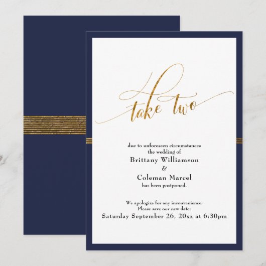 Élégante carte de mariage reporté avec rayures mar (Devant / Derrière)