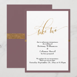Élégante carte de mariage reporté mauve et or à ra