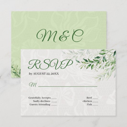 Elégante carte de mariage végétal verte RSVP (Devant / Derrière)