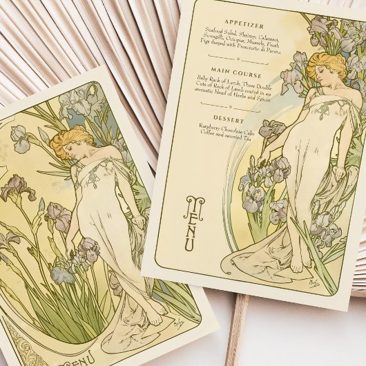 Elégante carte de menu Art Nouveau Iris Floral God