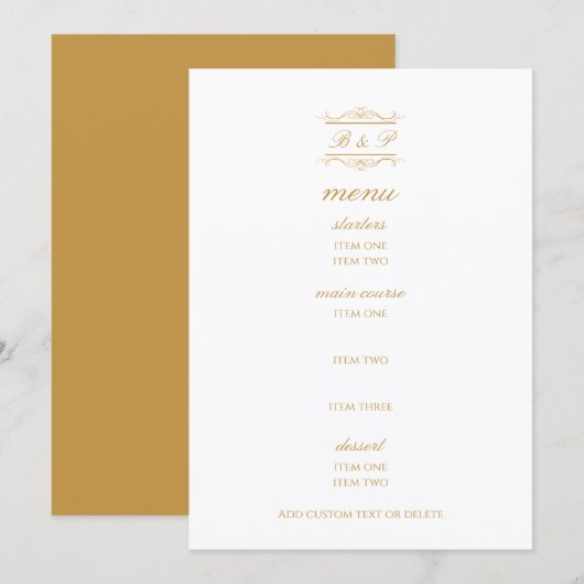 Élégante carte de menu de mariage à monogramme or (Devant / Derrière)