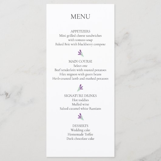 Elégante carte de menu de mariage Lavender (Devant)