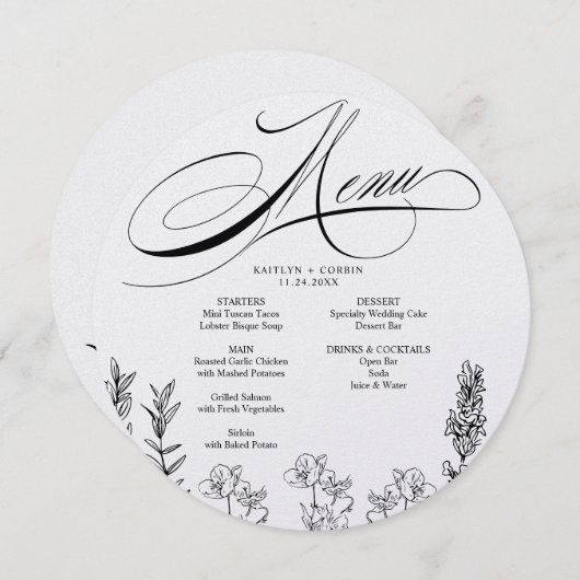 Elégante carte de menu Fleur sauvage foncé (Devant / Derrière)