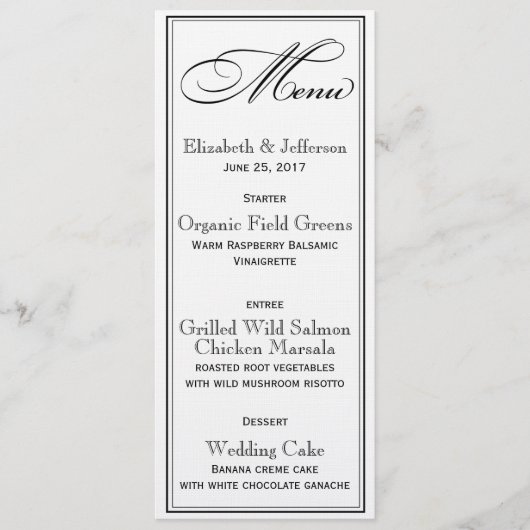 Élégante carte de menu Mariage à script noir et bl (Devant)
