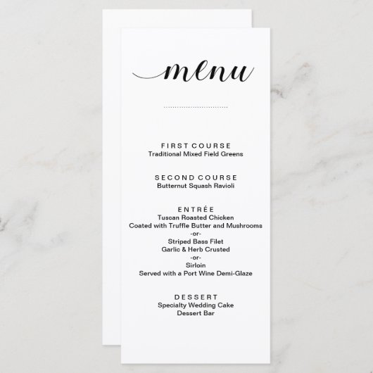 Élégante carte de menu Mariage à script noir et bl (Devant / Derrière)