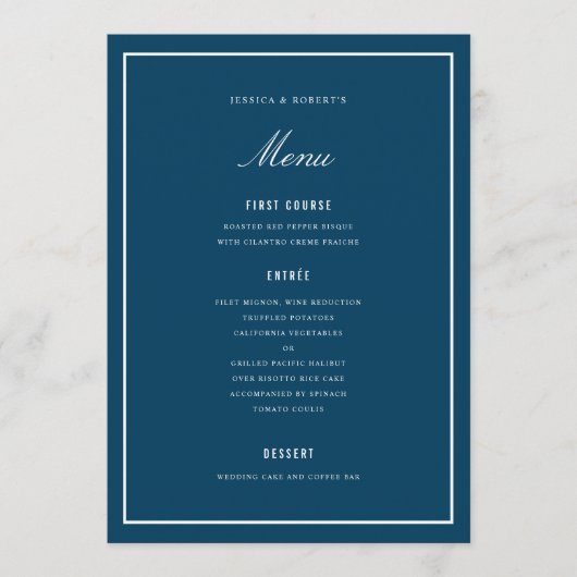 Elégante carte de menu Mariage bleu foncé (Devant)