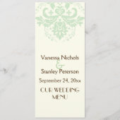 Elégante carte de menu mariage damas ment green, i (Devant)