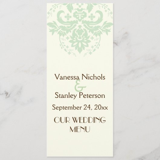 Elégante carte de menu mariage damas ment green, i (Devant)