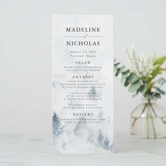 Elégante carte de menu Mariage de forêt d'hiver (Debout devant)