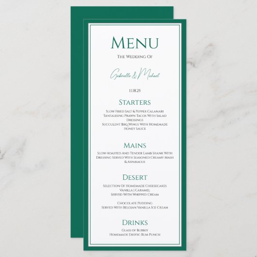 Élégante carte de menu Mariage Emerald Green (Devant / Derrière)