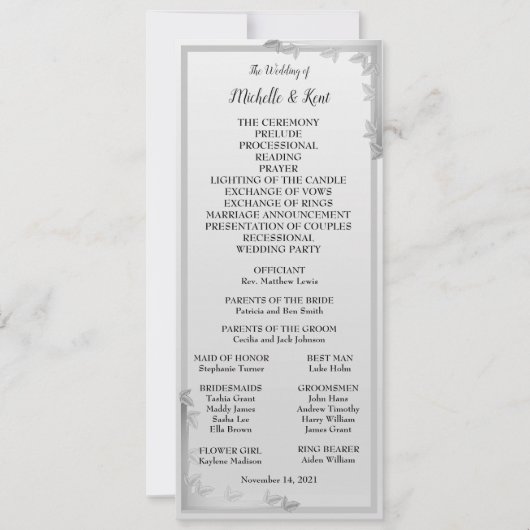 Elégante carte de menu Mariage Feuille Design Arge (Devant)
