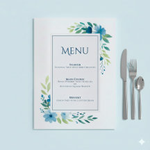 Elégante carte de menu Mariage Floral Bleu