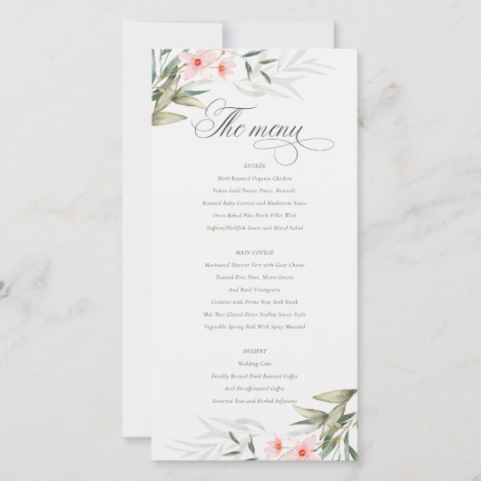 Elégante carte de menu Mariage floral Blush Greene (Devant)