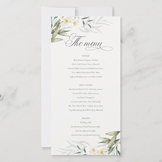 Elégante carte de menu Mariage Floral White Greene (Devant)