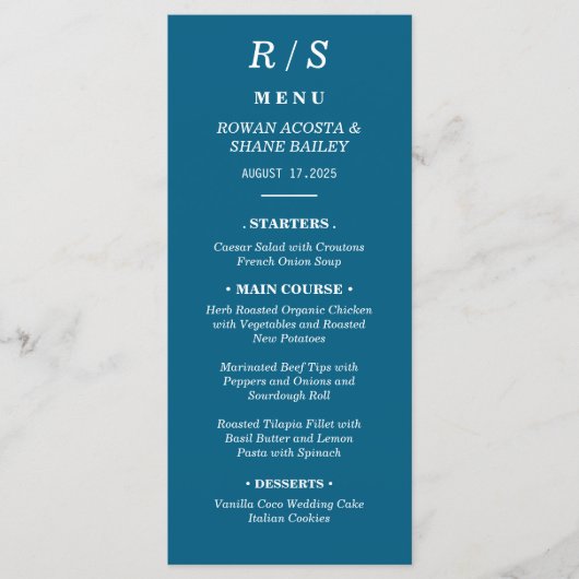 Élégante carte de menu Mariage Monogramme bleu cla (Devant)