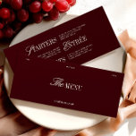 Elégante carte de menu pour dîner Mariage de Bourg<br><div class="desc">Cette carte de menu mariage élégante est dotée d'un riche arrière - plan bordeaux avec une typographie serif et script raffinée, créant un design audacieux et intemporel. L’aménagement comprend des sections dédiées pour les entrées, les entrées et les desserts, offrant à vos invités un aperçu élégant de l’expérience culinaire de...</div>