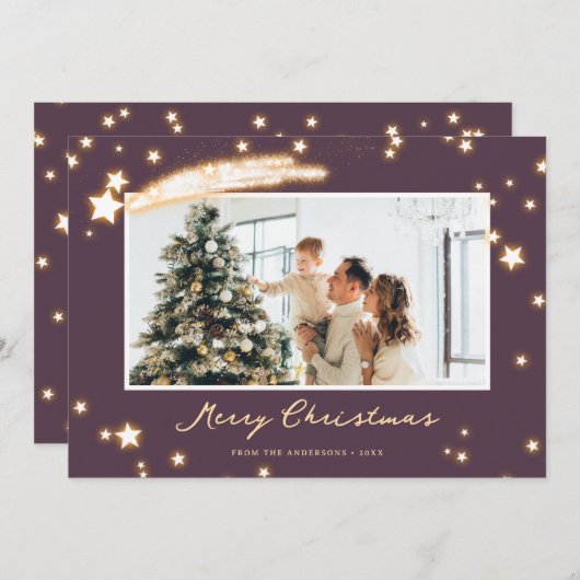 Élégante carte de Noël en étoile brillante violett (Devant / Derrière)