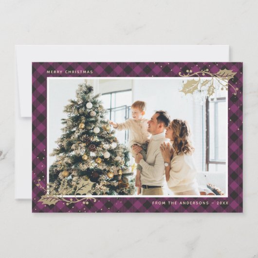 Élégante carte de Noël Plaid en or violet (Devant)