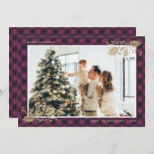 Élégante carte de Noël Plaid en or violet (Devant / Derrière)