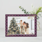 Élégante carte de Noël Plaid en or violet (Debout devant)