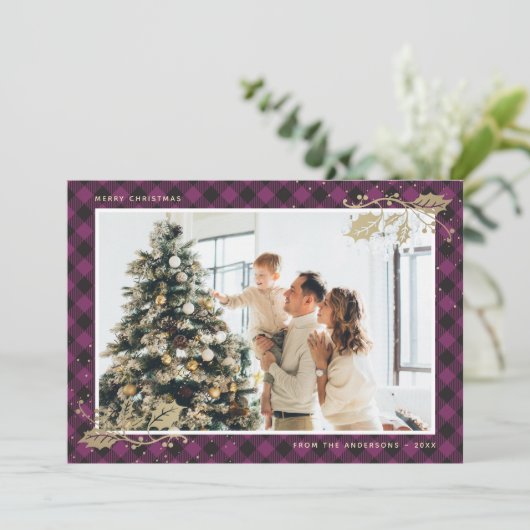 Élégante carte de Noël Plaid en or violet (Debout devant)