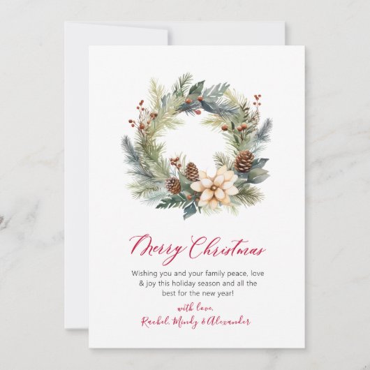 Élégante carte de Noël Rouge Script Wreath Green (Devant)