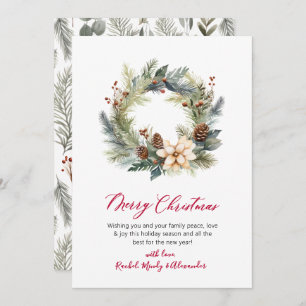Élégante carte de Noël Rouge Script Wreath Green