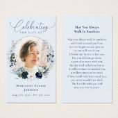 Elégante carte de prière funéraire Florale Bleue (Devant & derrière)