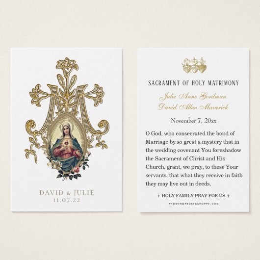 Elégante carte de prière Mariage catholique or (Devant & derrière)