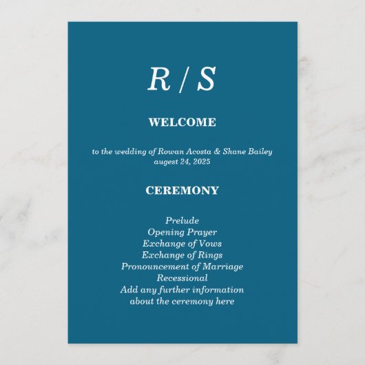 Élégante carte de programme de mariage Monogramme (Devant)