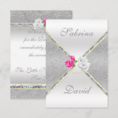 Elégante carte de réception Argent Damas et Rose (Devant / Derrière)