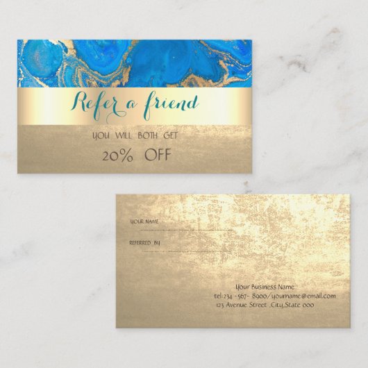 Élégante carte de référence en marbre bleu or élég (Devant / Derrière)